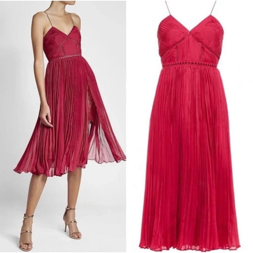 NWT Self-Portrait Fuchsia Pink Pleated Chiffon Midi Dress Size 10